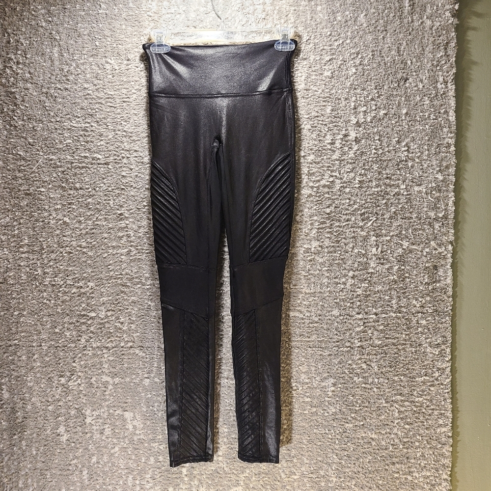 Spanx Black‎ Faux Leather MOTO Leggings Size Small Nylon Blend